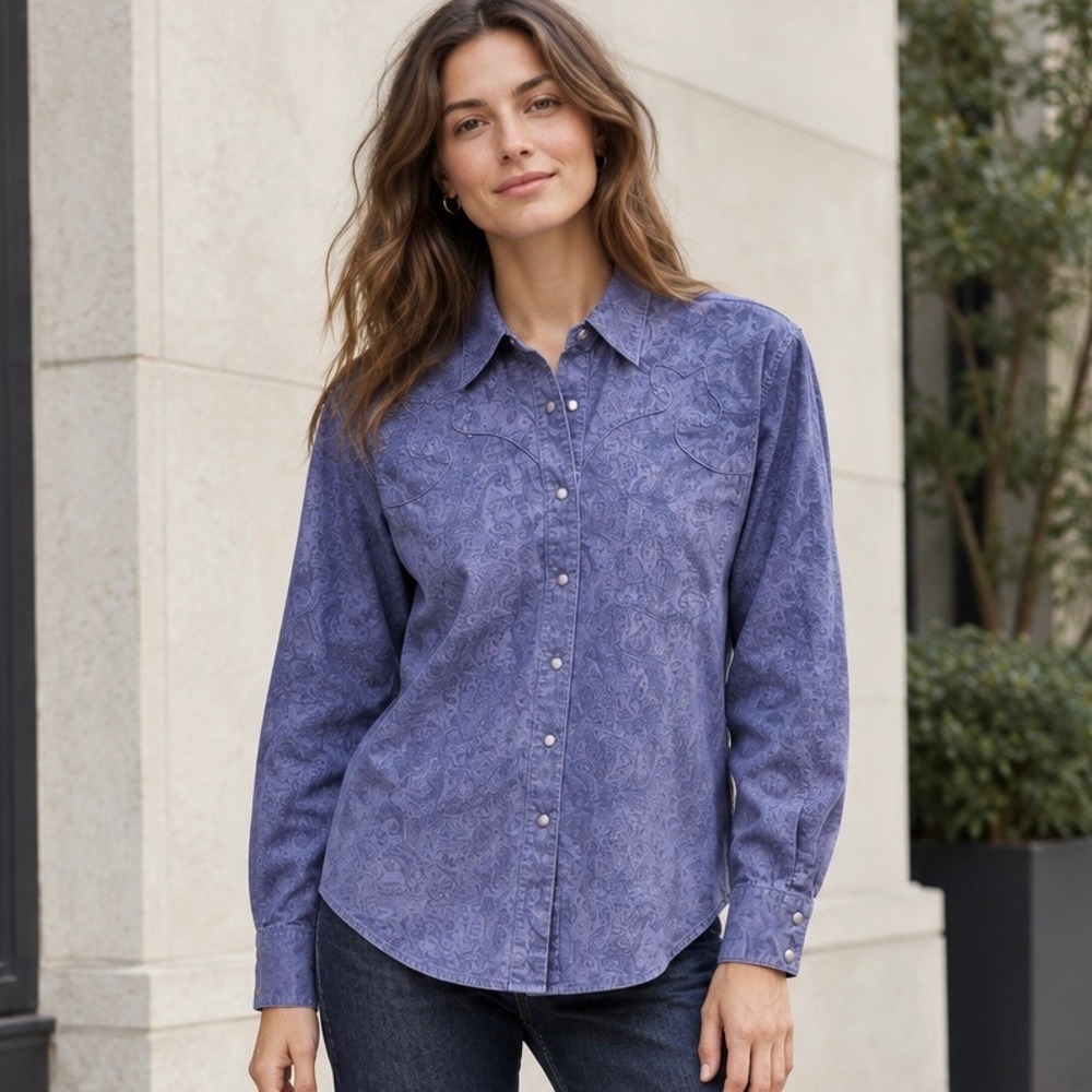 Vintage Wrangler Paisley Western Shirt Purple Blue 100% Cotton Yoke - Size L